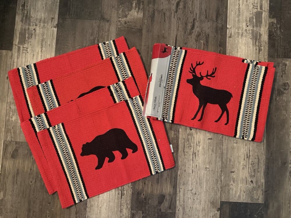 Virah Bella Red Deer Bear Placemats Set of 8 12x18 Cotton Cabin Lodge Rustic